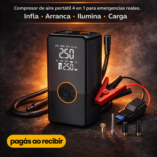 Compresor Portátil 4 en 1 con Arranque de Emergencia | Pago Contra Entrega